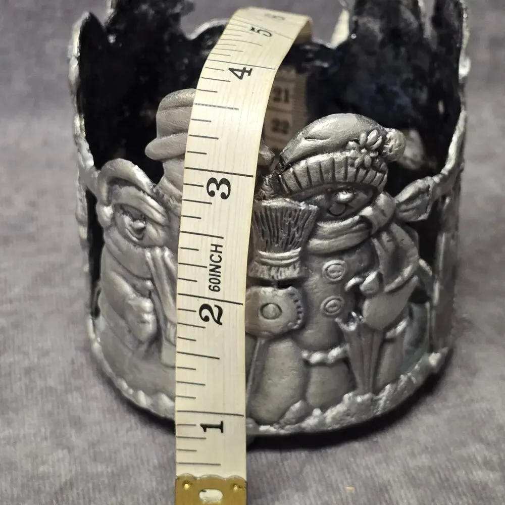 Christmas Snowman Family Holiday Silver Pewter Metal Candle Holder